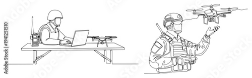 One line drawing of military soldiers operating modern surveillance drones using a laptop and remote control