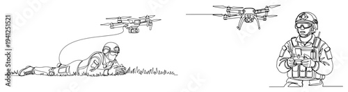 Continuous line art illustration of army soldiers controlling reconnaissance drones in the field and standing position
