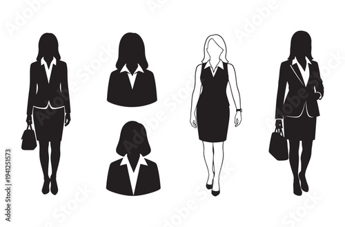 Collection of businesswomen silhouettes in formal wear, showcasing different styles and poses with accessories like handbags