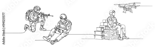 Minimalist one line drawing of tactical military team using drones for security near a cargo storage area