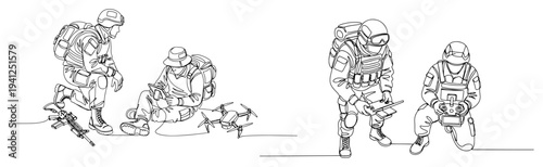 Continuous line drawing of military soldiers operating tactical drones and using communication devices