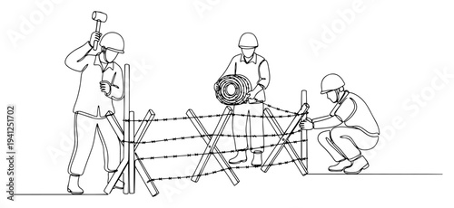 Continuous line drawing of soldiers building a barbed wire fence with a sledgehammer and rolls of wire