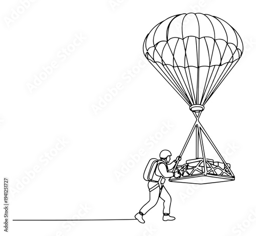 One line drawing of a paratrooper descending with a parachute and a military cargo supply pallet