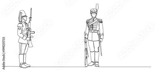 Minimalist continuous line art of two soldiers in ceremonial dress uniforms standing guard with rifles