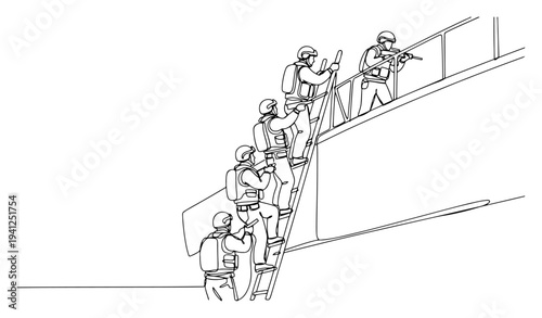 One line drawing of special forces tactical team climbing a ladder to board a ship