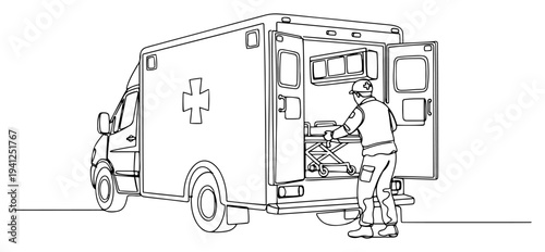 One line art illustration of a paramedic loading a stretcher into an emergency ambulance vehicle