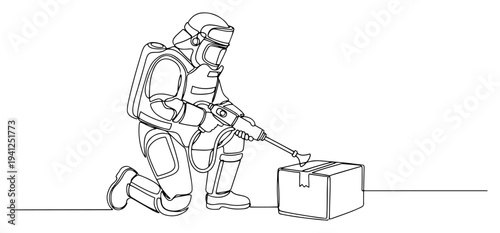 Continuous line drawing of a specialist in protective hazmat suit inspecting a suspicious box