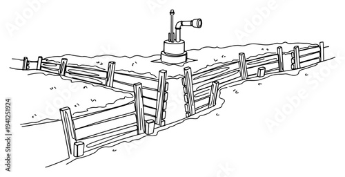 Continuous line art illustration of a military trench fortification with a periscope