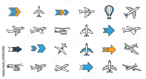 Diverse Aviation Icons - Planes, Helicopters, Arrows, and Hot Air Balloon.