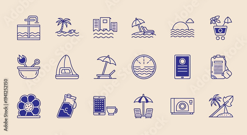 Beach Vacation Icons on Beige Background