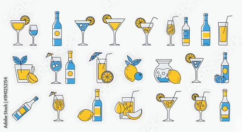 Cocktail Drinks with Lemon Slices and Bottles