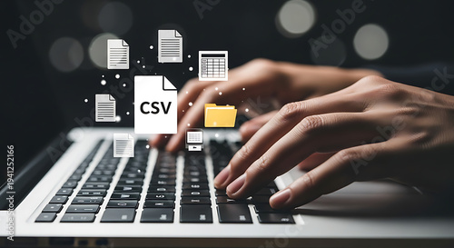 A person typing on a laptop with CSV file icons floating above the keyboard