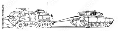 Continuous line drawing of an armored military recovery vehicle towing a heavy tank