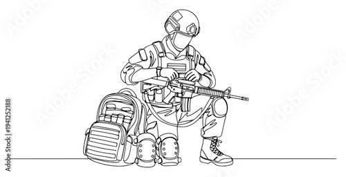 Minimalist one line art of a soldier kneeling with a tactical rifle and gear backpack