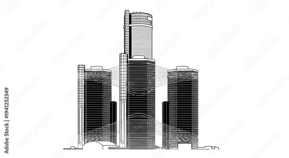 Fototapeta premium Modern Skyscraper Architecture Blueprint Wireframe