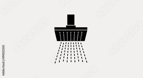 Modern Shower Head Spraying Water Droplets, Minimalist Black Icon on Light Grey Background
