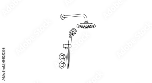 Modern Shower Head and Handheld Shower with Controls - Line Art Illustration
