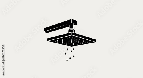 Modern Square Shower Head with Dripping Water Drops, Minimalist Black Icon on Light Background