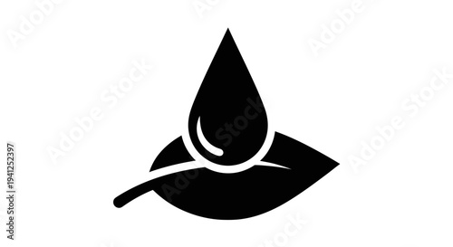 Natural oil drop on a green leaf icon, organic skincare, beauty, wellness, eco friendly concept