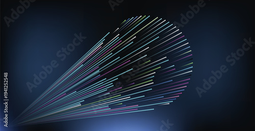 Abstract digital light trails forming futuristic arrow shape on dark gradient background for technology innovation and business growth concept