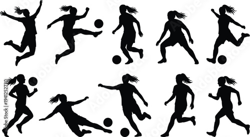 Female soccer player silhouettes kicking dribbling running poses set, women football athletes isolated black silhouette collection sports concept