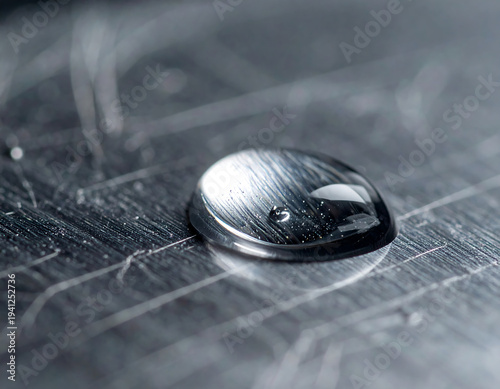 Captivating macro shot of a single, clear water droplet gleaming on a finely textured metal surface, showcasing the interplay of liquid and solid textures with subtle reflections