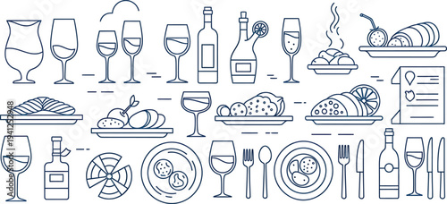 Restaurant Food Icons Set with Wine Glasses and Utensils