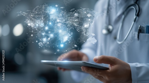 Doctor with digital world map