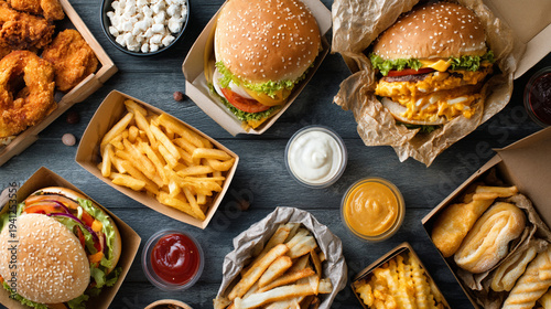 A variety of fast food items including burgers, fries, and chicken wings served on a table.