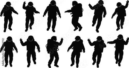 Astronaut silhouettes set in various floating poses, black vector icons of cosmonauts in spacesuits for galactic exploration and outer space design.
