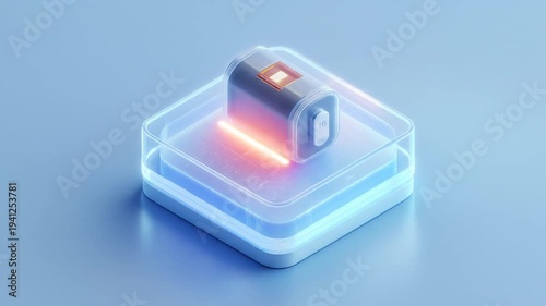 Modern battery design displayed on a futuristic platform, illuminated by vibrant light effects.