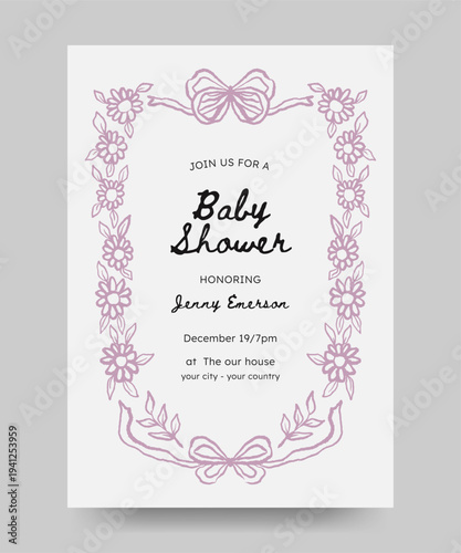Boy or girl baby shower invitation with hand drawn simple floral frame ink bleed style pastel color. unique imperfect rough scribble frame