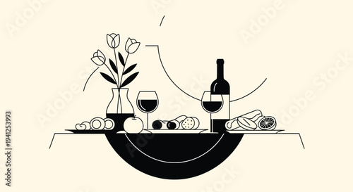 Wine Bottle Glasses Cheese Plate Tulips Minimalist Illustration