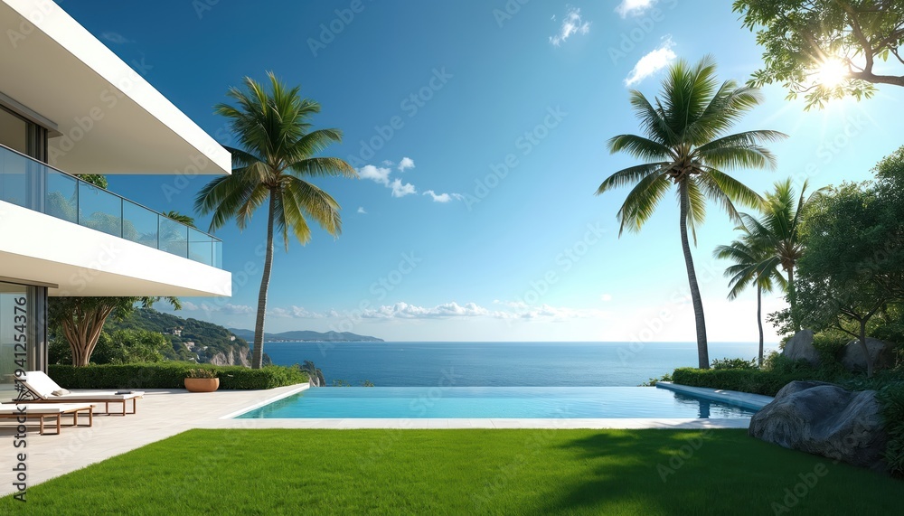 Naklejka premium Modern white villa with infinity pool overlooks blue sea. Palm trees sway under sunny sky. Rich green grass surrounds luxury home. Relaxing vacation spot.