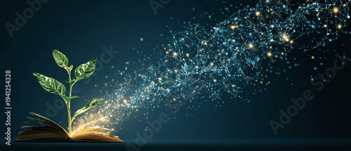 A glowing plant sprouts from an open book with magical sparkles