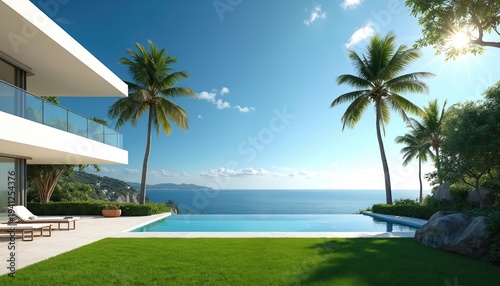 Modern white villa with infinity pool overlooks blue sea. Palm trees sway under sunny sky. Rich green grass surrounds luxury home. Relaxing vacation spot.
