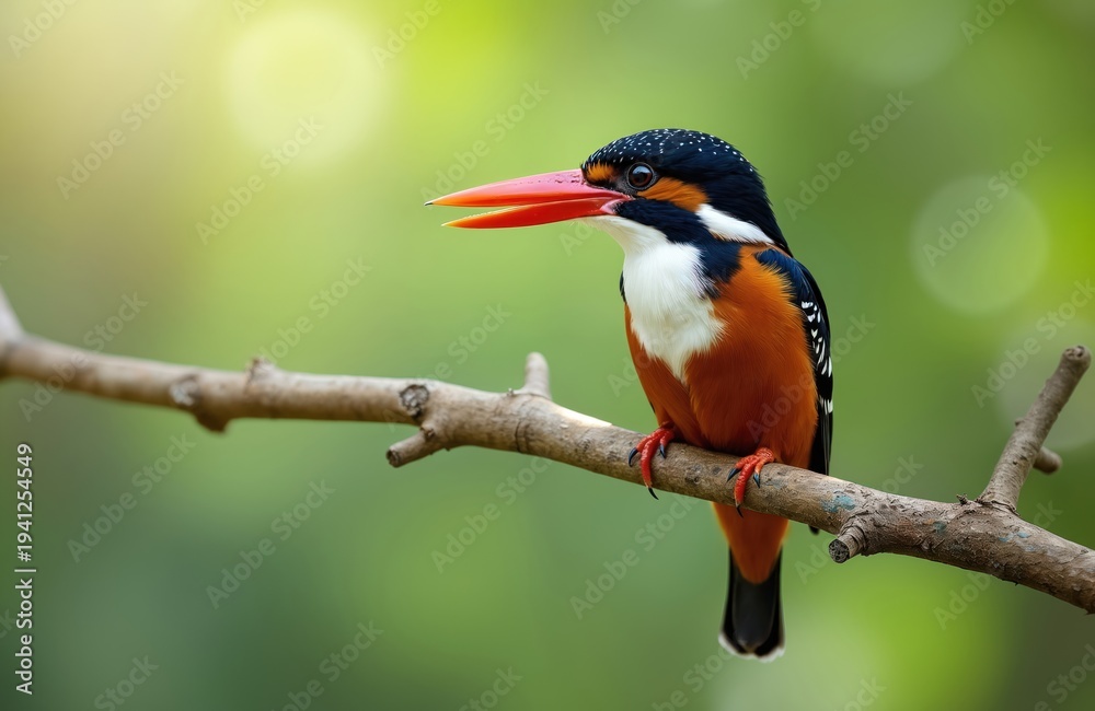Obraz premium Black-capped kingfisher perches on a branch. Vivid orange body bright blue head. Bird waits to hunt fish near water. Wildlife scene in nature.