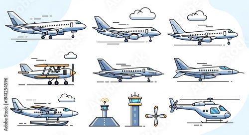 Collection of Aviation Icons - Planes, Helicopter, and Control Tower.