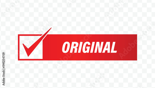 Red original checklist flat design label for authentic branding, source verification, and minimalist heritage stickers.