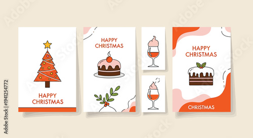 Christmas Cards with Tree Cake and Drinks