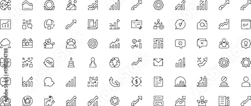 Minimalist black and white line icon set of business analytics communication charts graphs gears arrows and profiles for data visualization