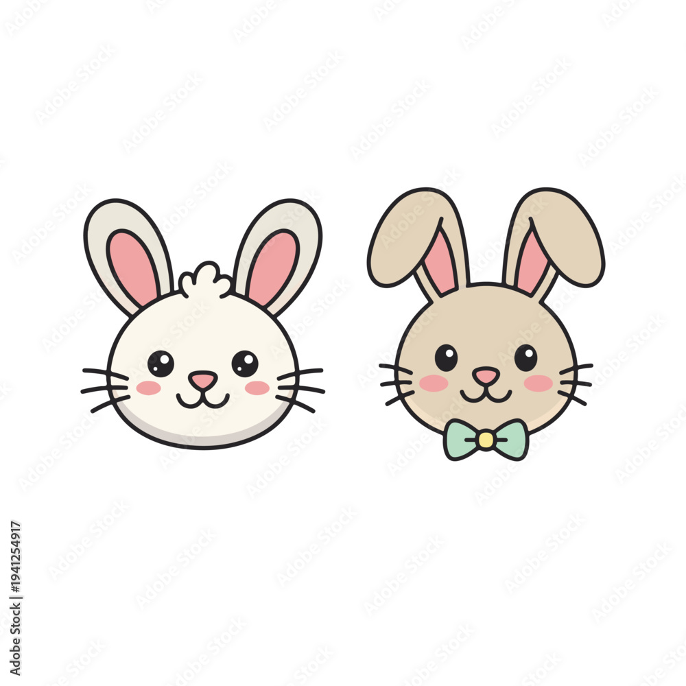 Obraz premium Cute Easter Icon Set with Floral Eggs and Cartoon Rabbits Vector Illustration