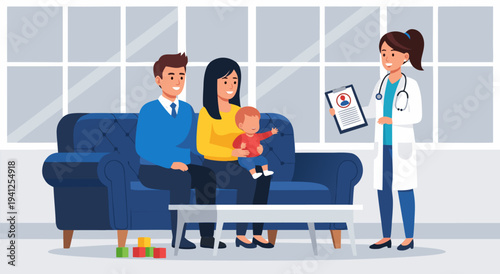 Happy family consultation with doctor in clinic vector illustration