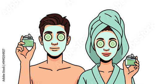 A delightful vector illustration of a man and woman with cucumber slices on their eyes enjoying a face mask treatment
