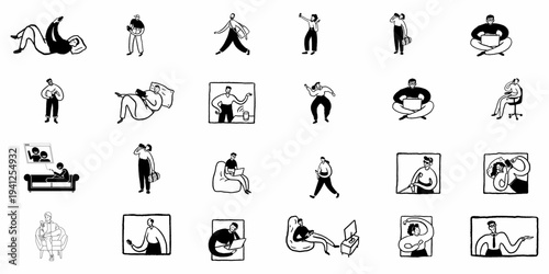 Modern People Lifestyle Icon Set featuring Remote Workers with Laptops People Relaxing and Digital Communication