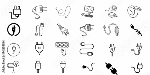 Electric Plug Icon Set with Computer Desktop Monitor USB Cables and Power Cord Connectors