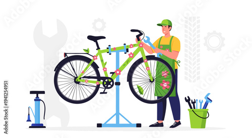 A skilled mechanic meticulously repairs a vibrant green bicycle in this detailed vector illustration, showcasing the art of bicycle maintenance and service