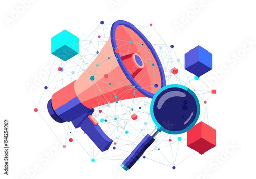 Engaging marketing campaign announcement vector illustration with a megaphone and magnifying glass for promotion and research analysis