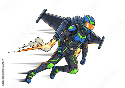 Futuristic Jetpack Rider in Action Vector Illustration with Speed Lines and Smoke Trail