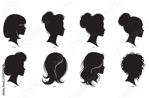 Collection of diverse female head silhouettes featuring various hairstyles and bun formations for beauty and fashion design inspiration and graphic elements
